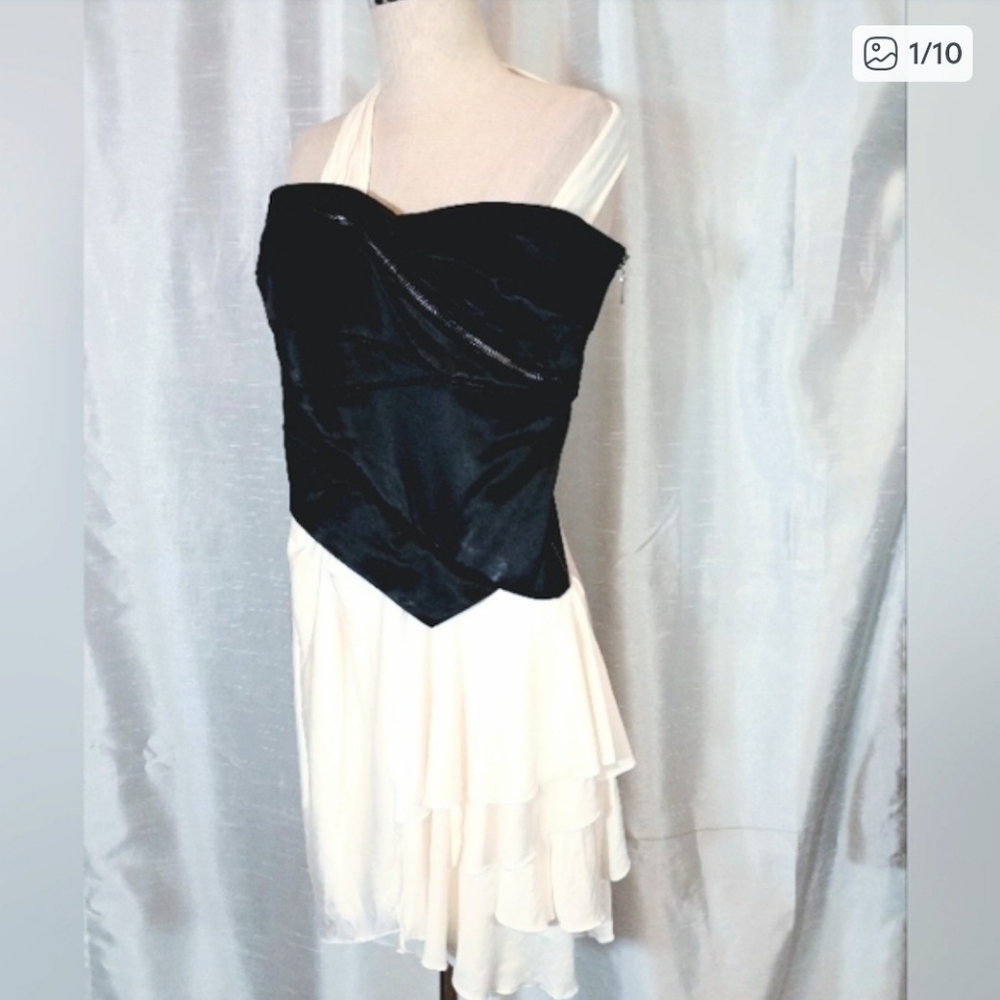 Bebe Satin Mini Prom Dress, One Strap, Ruffle Black/White, Asymmetrical, Zip, 00